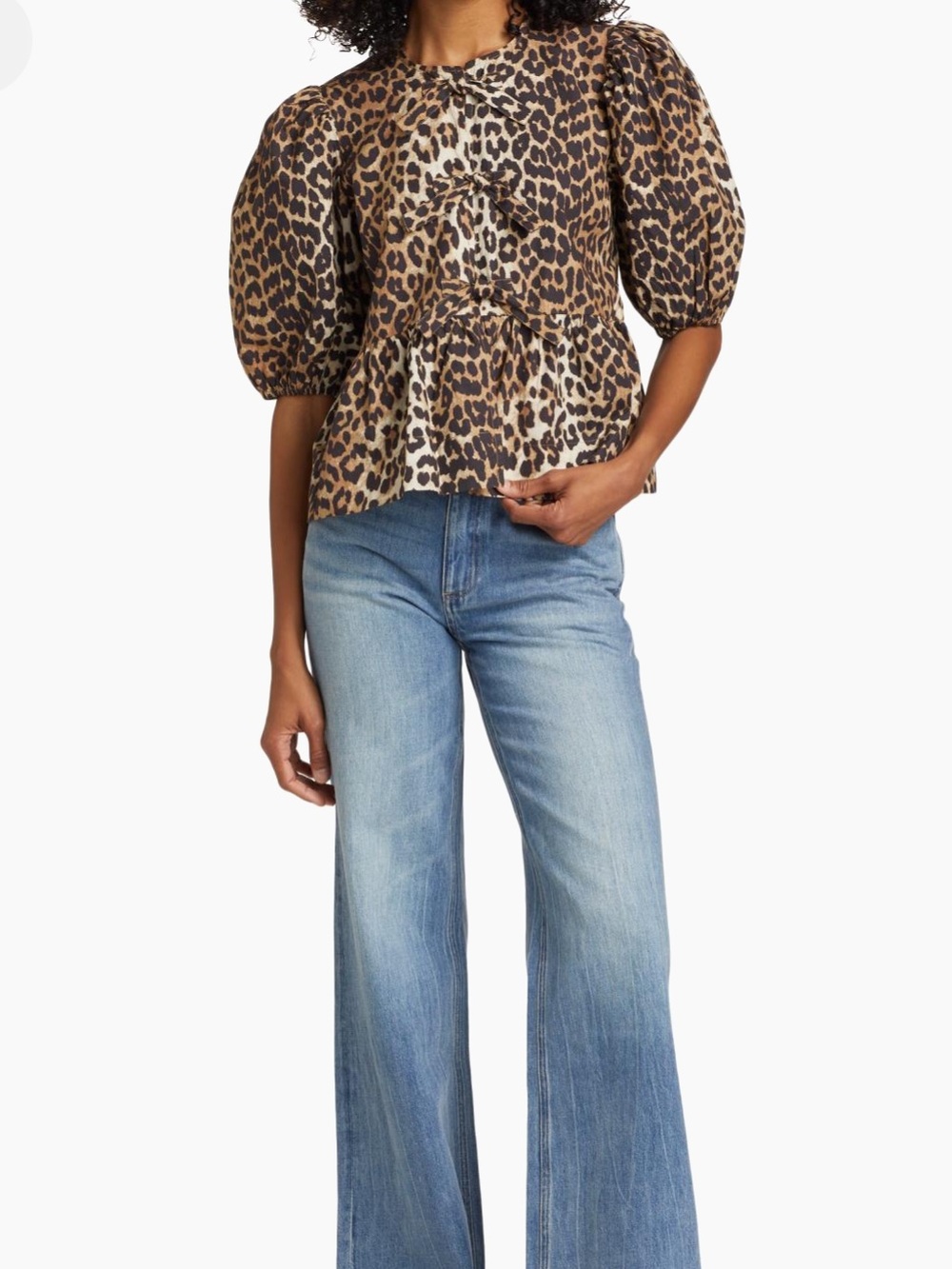 Ganni Leopard Print Puff Sleeve Peplum Blouse - Brown, Black, Cream - cotton - Picture 2 of 6